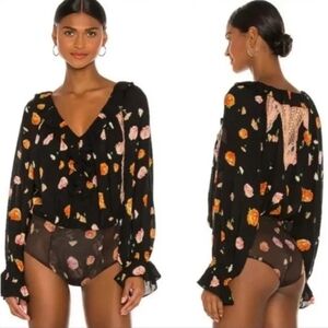 Free People Intimately Poppy Printed Bodysuit with Lace Detail